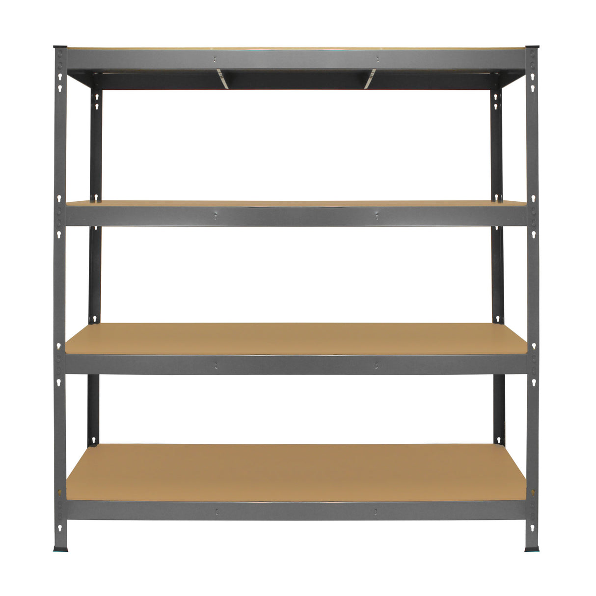 Scaffale da garage grigio in metallo, con quattro ripiani beige, robusto e funzionale, ideale per organizzare spazi di lavoro e stoccaggio