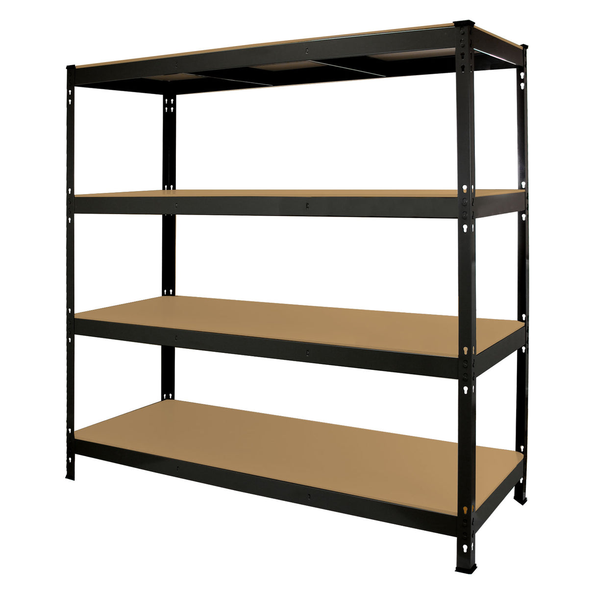 Scaffale da garage ad incastro Q-Rax, struttura nera in metallo, quattro ripiani in legno chiaro, design robusto e funzionale