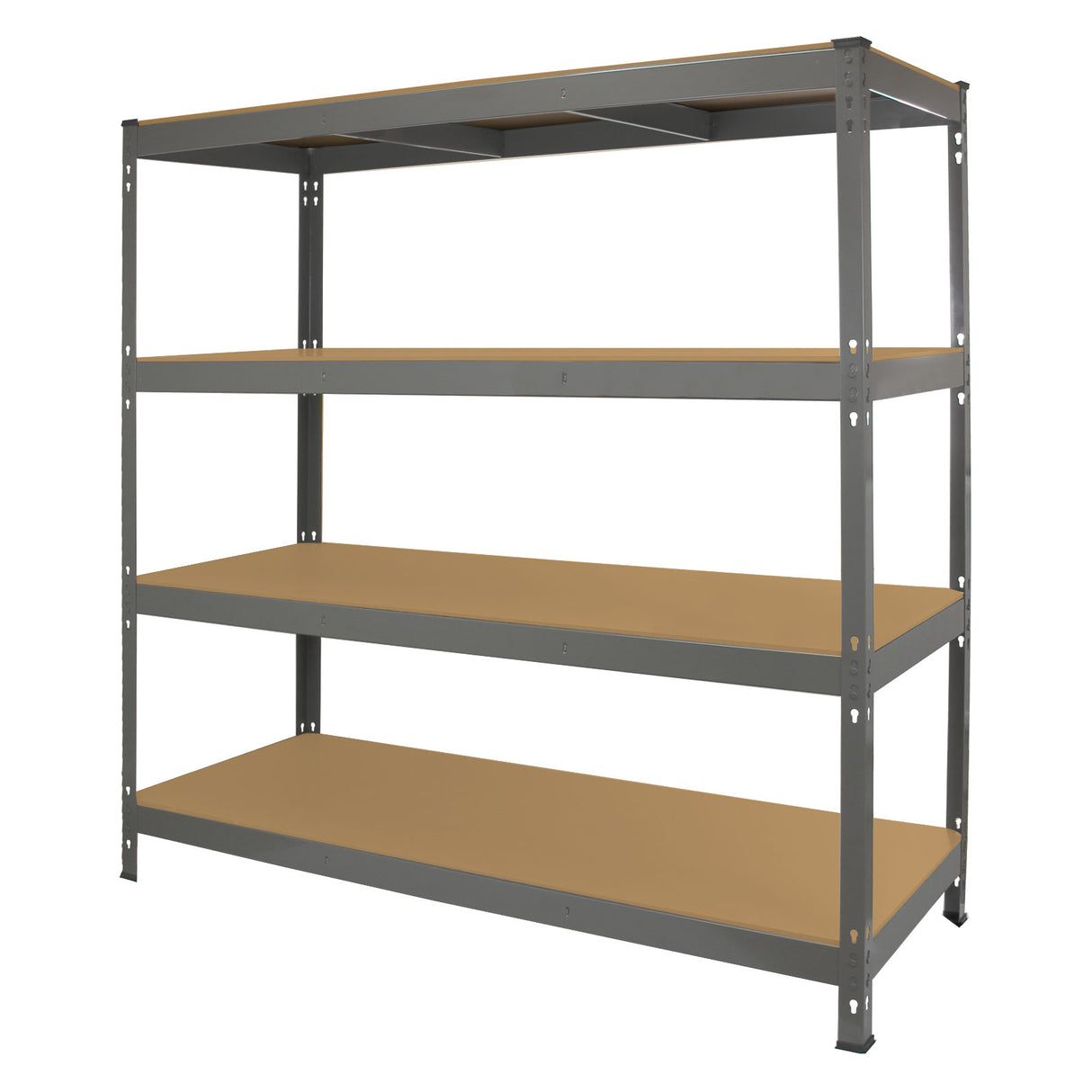 Scaffale da garage ad incastro Q-Rax, grigio, con quattro ripiani in legno, robusto e spazioso, ideale per organizzare attrezzi e materiali