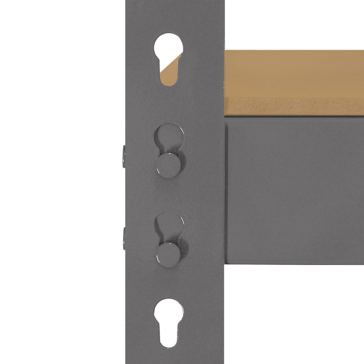Scaffale da garage Q-Rax grigio con ripiani in legno, dettagli metallici e sistema di incastro per una facile installazione