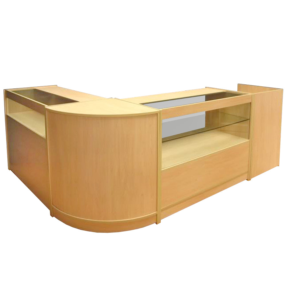 Set bancone Cosmo in legno chiaro, design curvo, con ripiani in vetro e ampio spazio per esposizione e stoccaggio, ideale per negozi