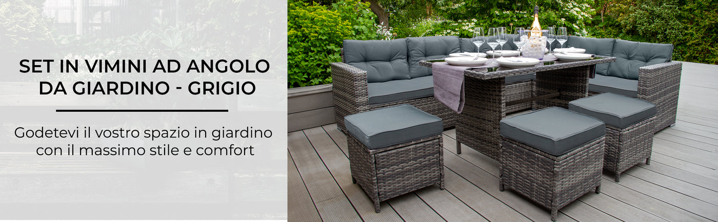 Set angolare da giardino in vimini grigio, con cuscini morbidi e tavolo centrale, ideale per relax all'aperto e cene conviviali