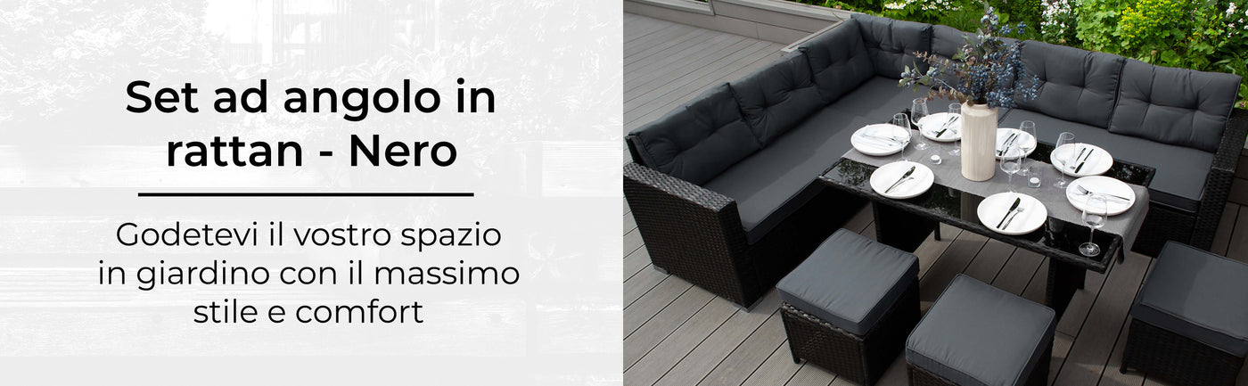 Set ad angolo in rattan nero, elegante e moderno, con cuscini neri, ideale per giardini e spazi esterni confortevoli
