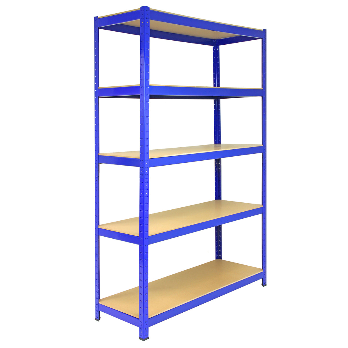 Scaffale T-Rax in acciaio blu senza bulloni, con cinque ripiani in legno, design robusto e moderno, ideale per stoccaggio e organizzazione