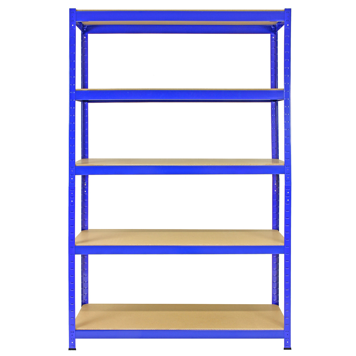 Scaffale T-Rax in acciaio blu senza bulloni, con cinque ripiani in legno chiaro, ideale per organizzare spazi di lavoro e magazzini