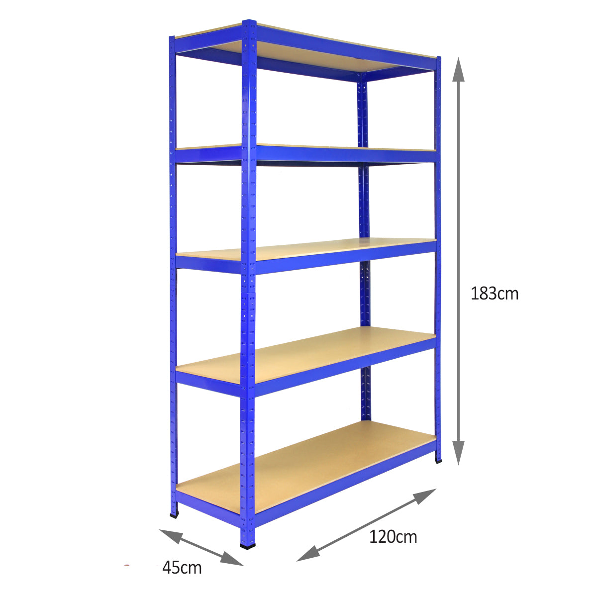 Scaffale T-Rax in acciaio blu senza bulloni, con cinque ripiani in legno, altezza 183 cm, larghezza 120 cm, profondità 45 cm