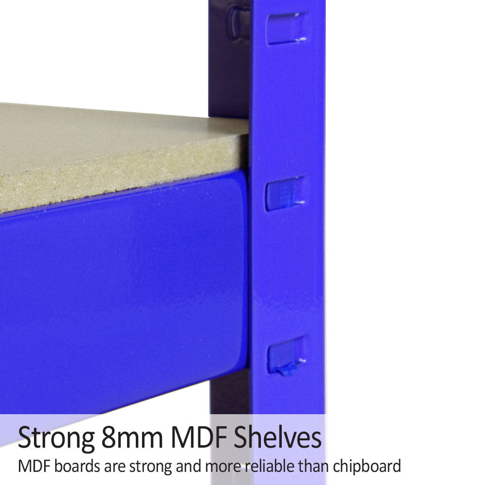 Scaffale T-Rax in acciaio blu senza bulloni, con ripiani in MDF da 8mm, robusto e moderno, ideale per organizzare spazi