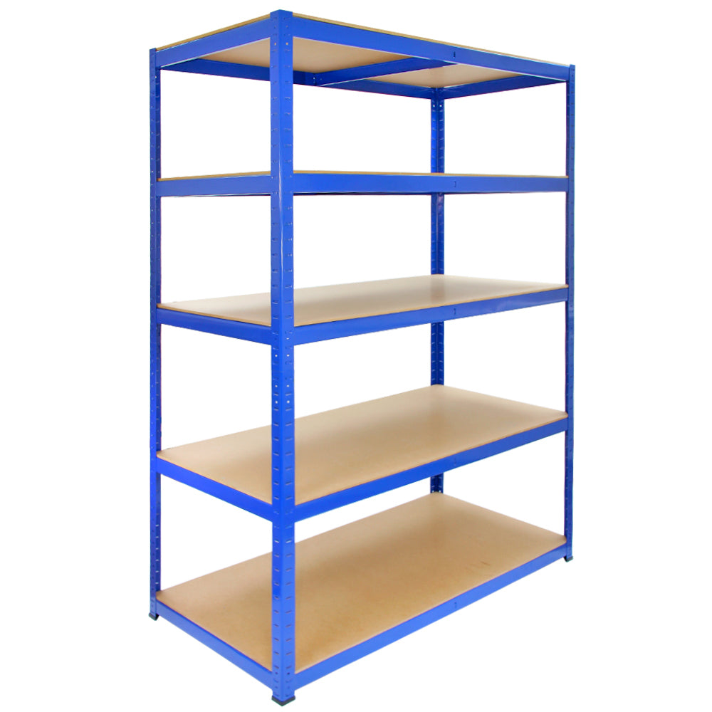 Scaffale T-Rax in acciaio blu senza bulloni, con cinque ripiani in legno, design robusto e moderno, ideale per stoccaggio e organizzazione