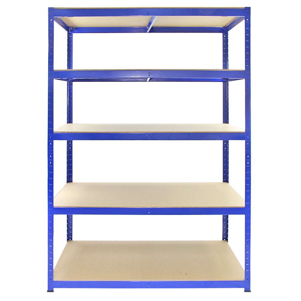 Scaffale T-Rax in acciaio blu senza bulloni, con cinque ripiani in MDF, ideale per stoccaggio e organizzazione in spazi vari
