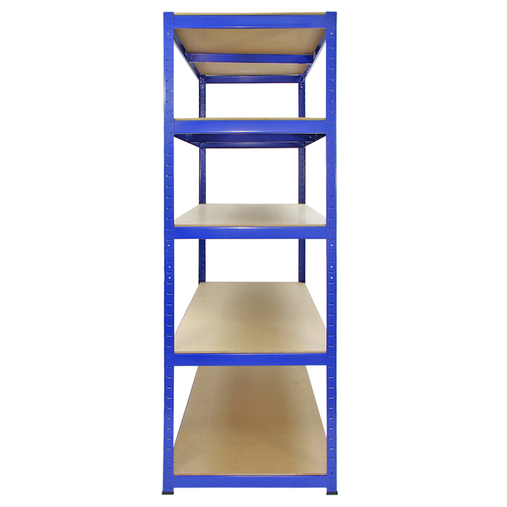 Scaffale T-Rax in acciaio blu senza bulloni, con ripiani in legno chiaro, design robusto e moderno, ideale per stoccaggio e organizzazione