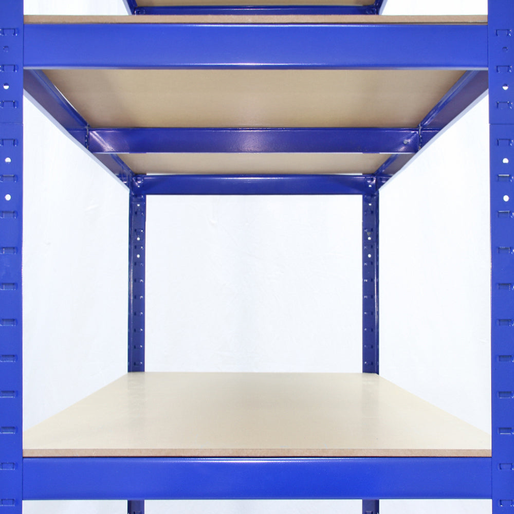 Scaffale T-Rax in acciaio blu senza bulloni, con ripiani in legno chiaro, design robusto e moderno, ideale per stoccaggio e organizzazione