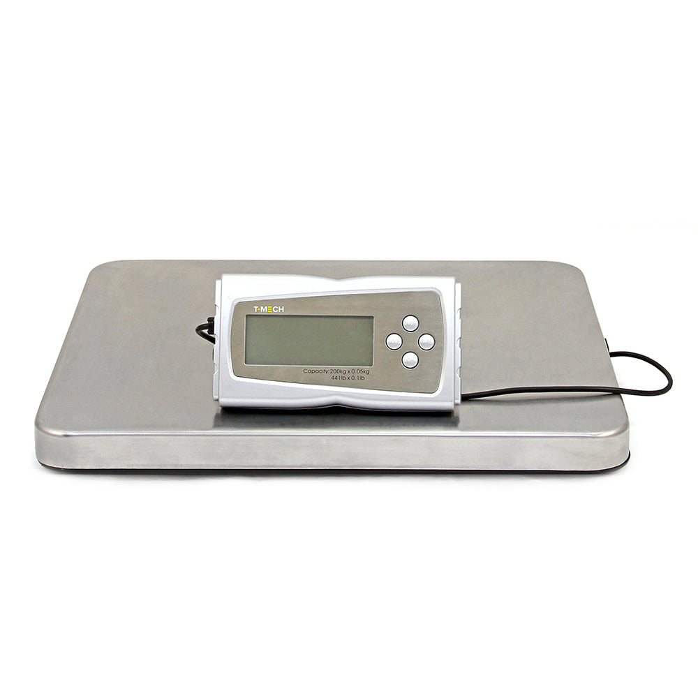 Bilancia postale elettrica in acciaio inox, piattaforma grigia con display digitale, capacità fino a 200 kg, design robusto e moderno