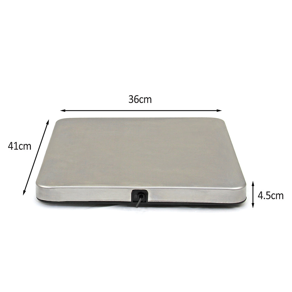 Bilancia postale elettrica in acciaio inox, dimensioni 36x41 cm, spessore 4,5 cm, superficie liscia e resistente, ideale per pesare pacchi fino a 200 kg