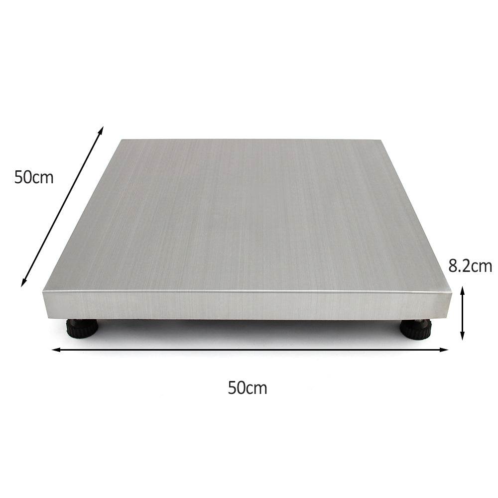 Bilancia veterinaria quadrata in acciaio inox, 50 x 50 cm, con superficie liscia e piedi regolabili per stabilità e precisione