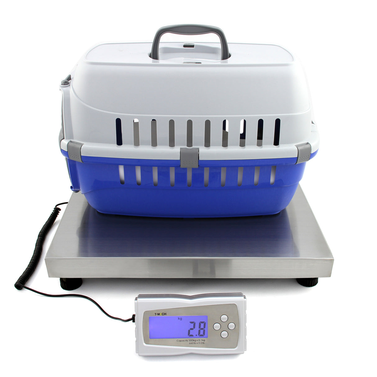 Bilancia veterinaria T-Mech 50x50cm con superficie in acciaio inox e display digitale, utilizzata per pesare animali domestici