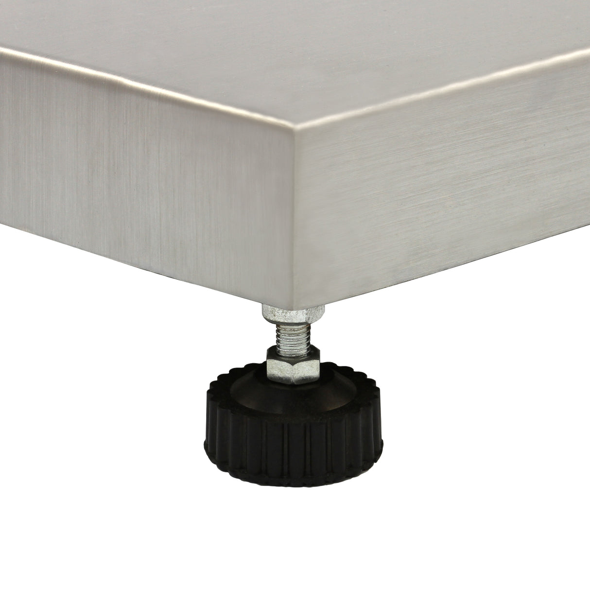 Piedino di supporto regolabile in plastica nera su base in acciaio inox lucido della bilancia veterinaria T-Mech 50x50cm