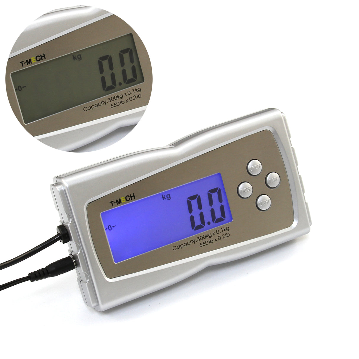 Bilancia veterinaria T-Mech 50x50cm con display digitale blu, struttura in metallo argentato, capacità fino a 300kg