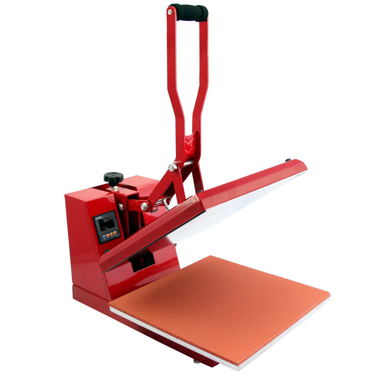 Pressa a caldo rossa da 50 cm per sublimazione, con piatto arancione, manico ergonomico e pannello di controllo per impostazioni precise