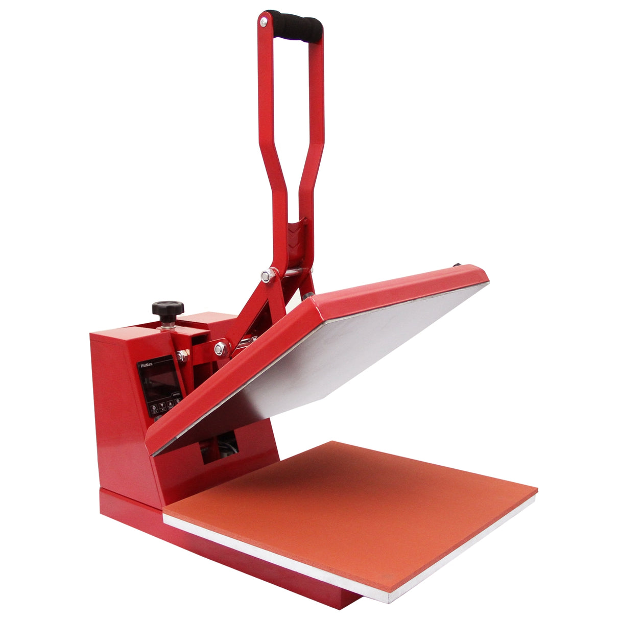 Pressa a caldo rossa con manico ergonomico, piano di lavoro arancione, ideale per stampa su vinile e tessuti di varie dimensioni