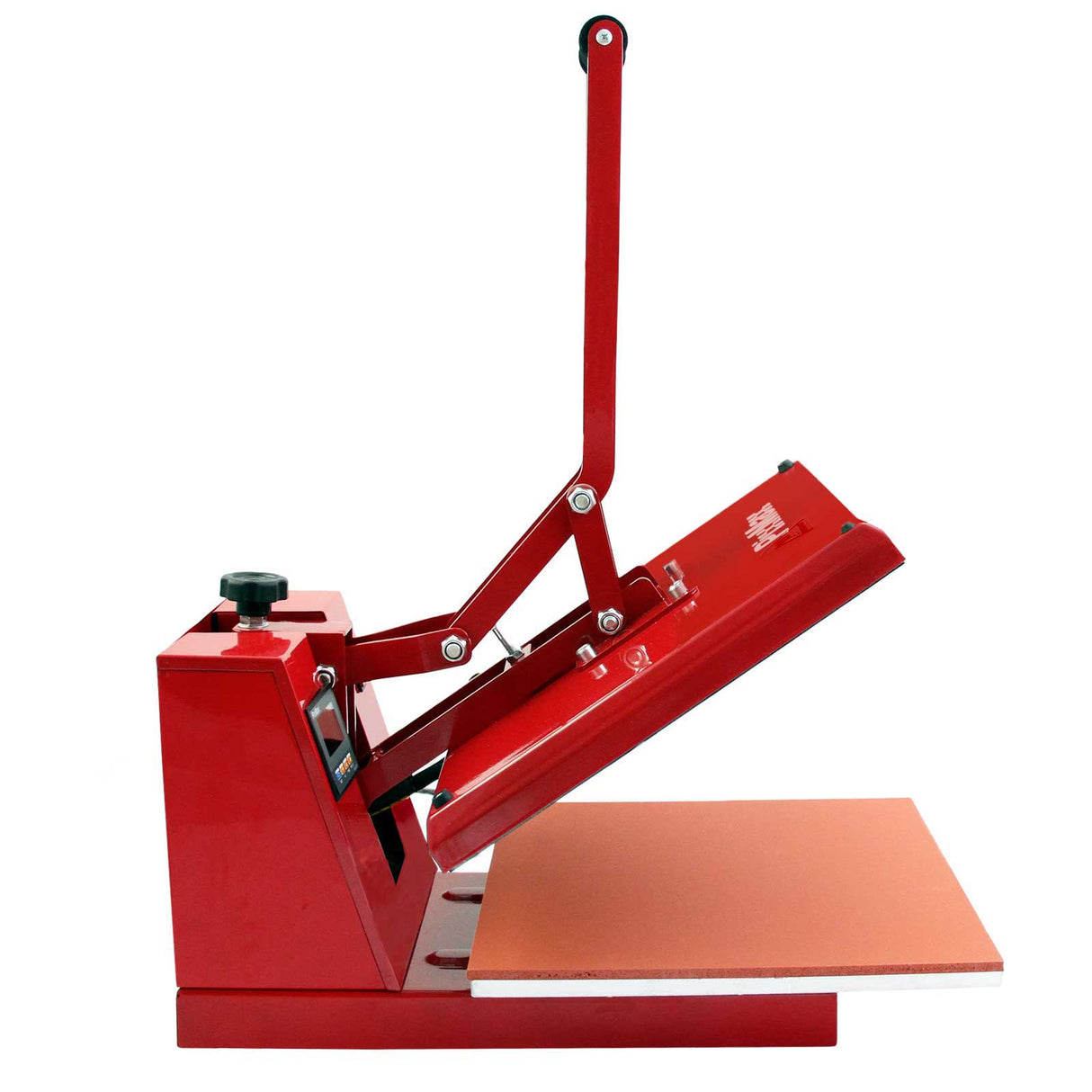 Pressa a caldo rossa da 50 cm per sublimazione, con manico regolabile e base in legno, ideale per magliette e vinile