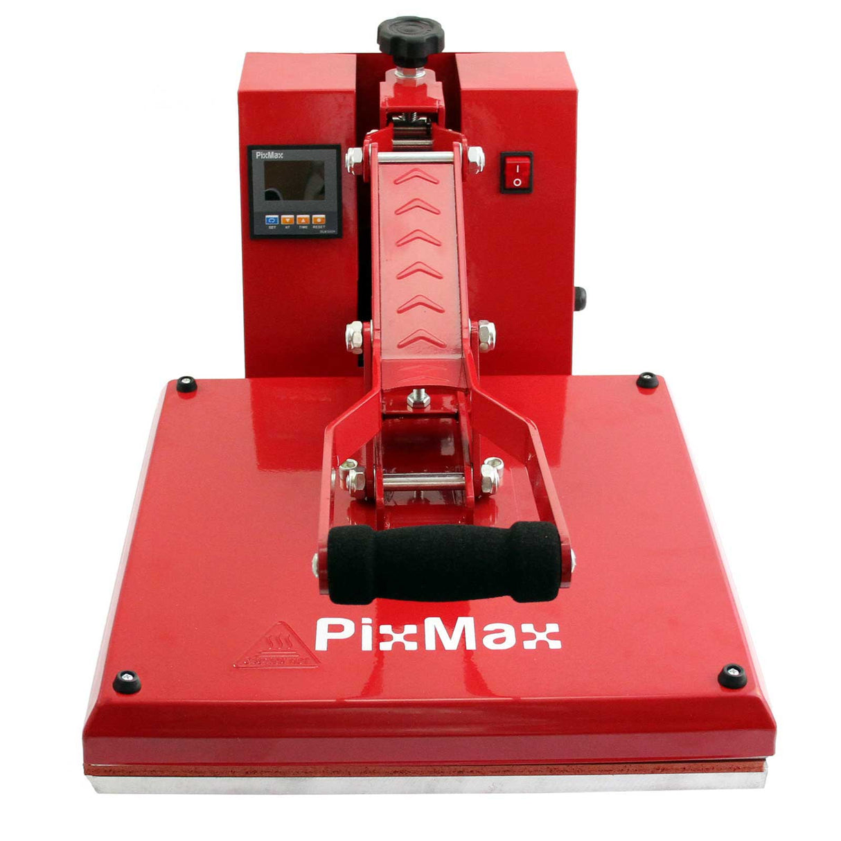 Pressa a caldo PixMax rossa da 50 cm con manico ergonomico, display digitale e base robusta per sublimazione su magliette