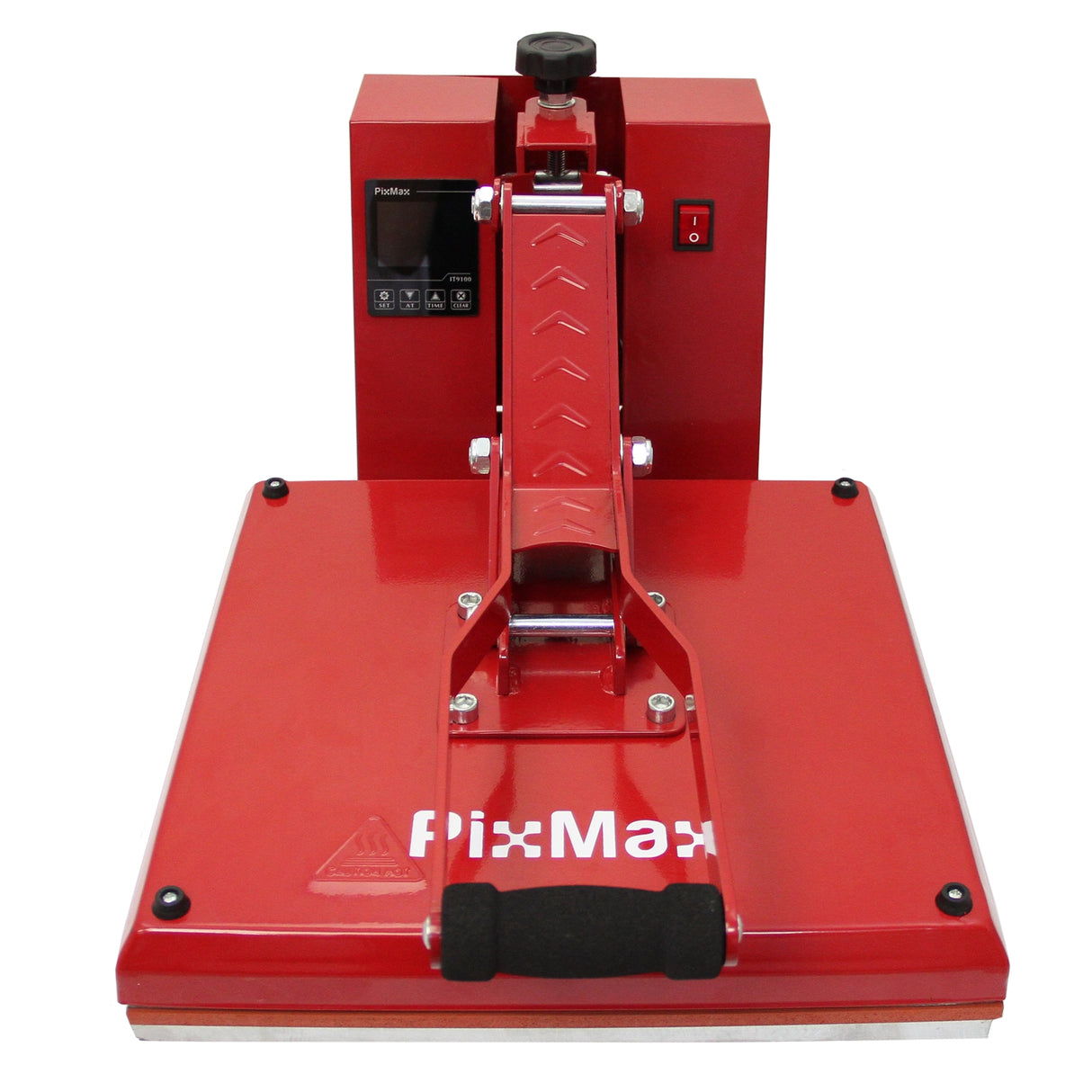 Pressa a caldo rossa da 38 cm con manico ergonomico, superficie liscia e display digitale, ideale per applicazioni su vinile