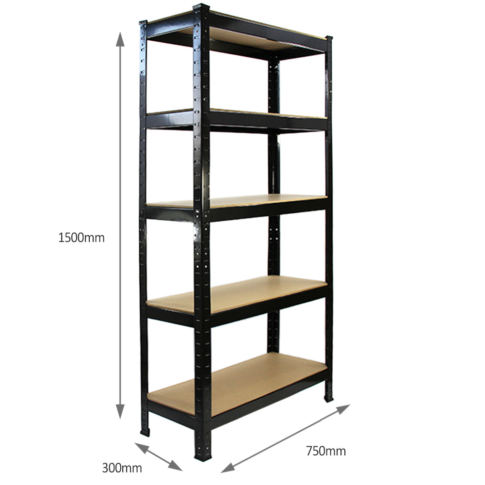 Scaffale da garage ad incastro T-Rax, nero, con cinque ripiani in legno, dimensioni 75cm x 30cm x 150cm, robusto e pratico