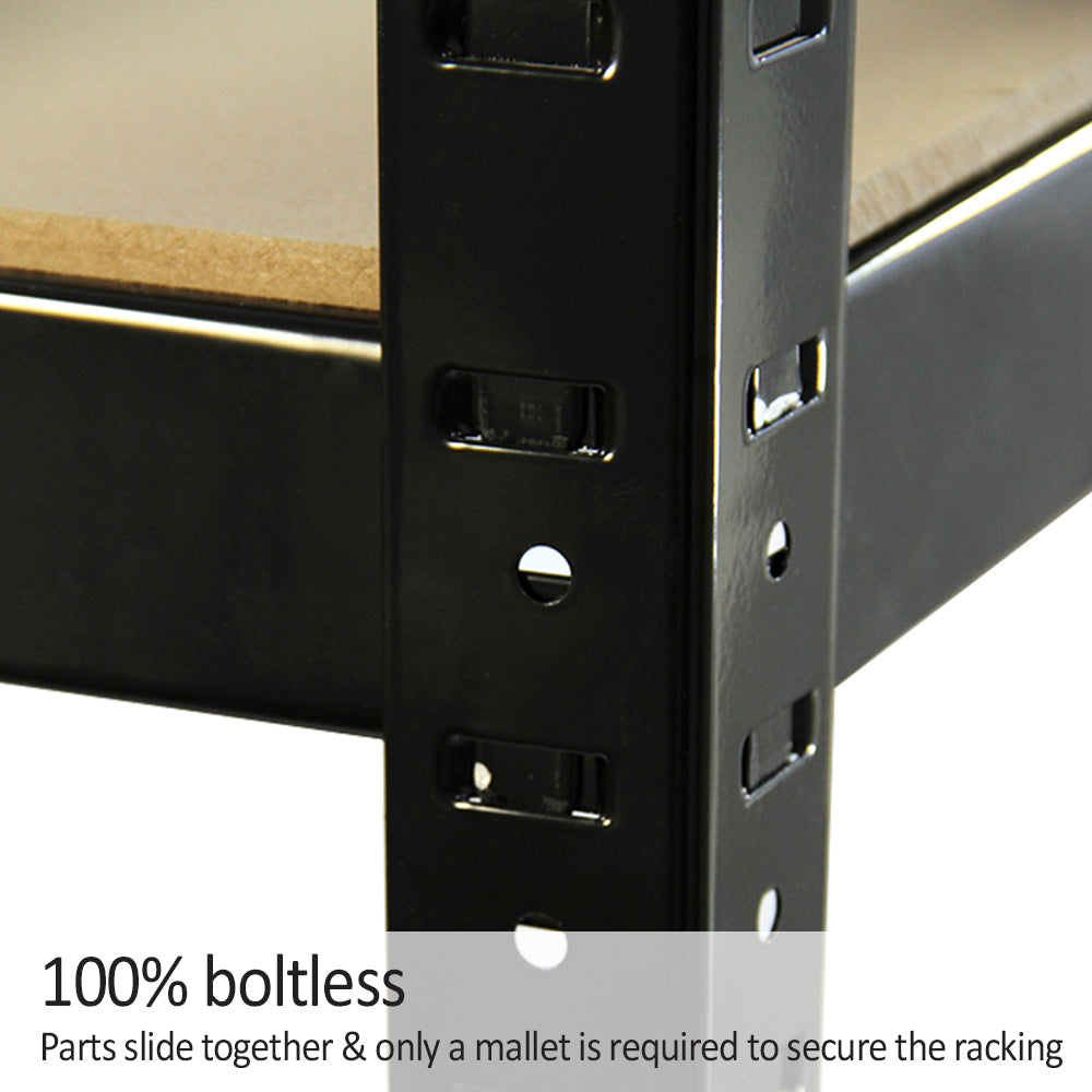 Scaffale in acciaio nero senza bulloni, con ripiani in legno, design robusto e moderno, ideale per organizzare spazi di lavoro e magazzini