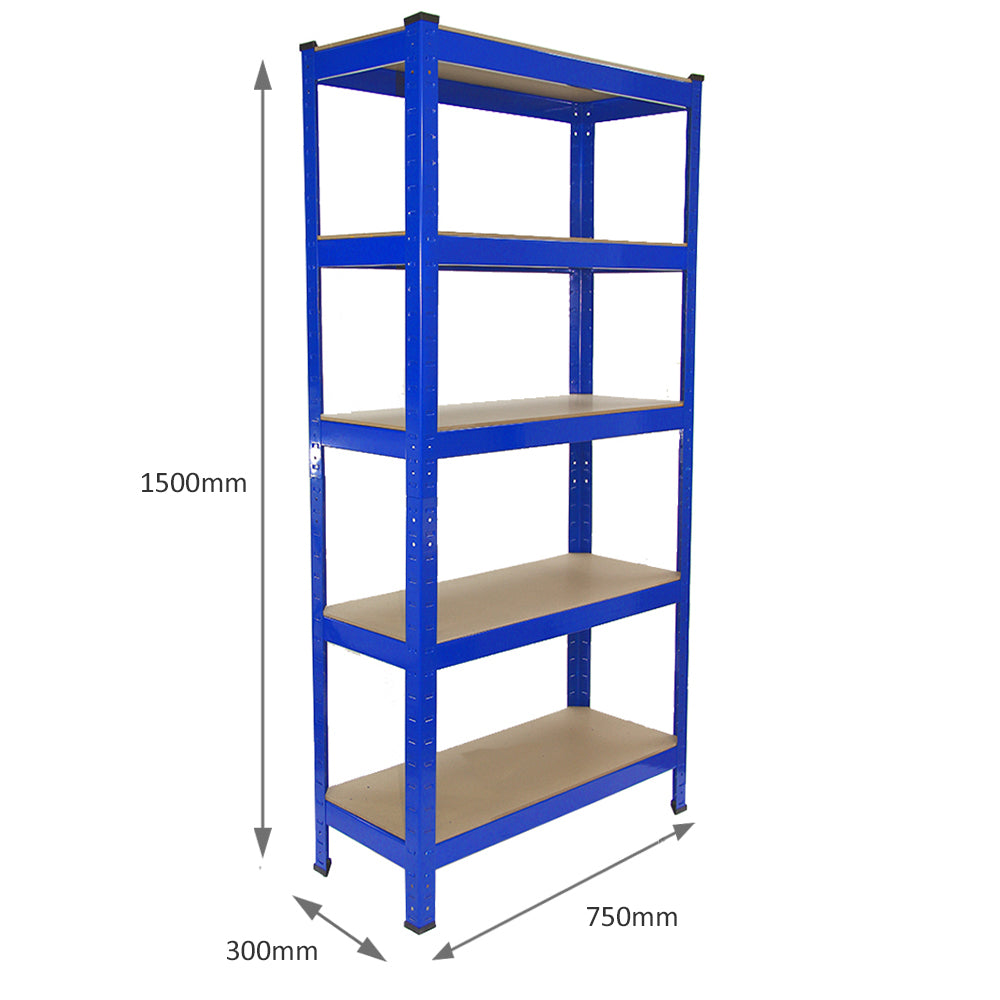 Scaffale da garage blu in metallo, con cinque ripiani in legno, altezza 150 cm e larghezza 75 cm, ideale per organizzare attrezzi e materiali