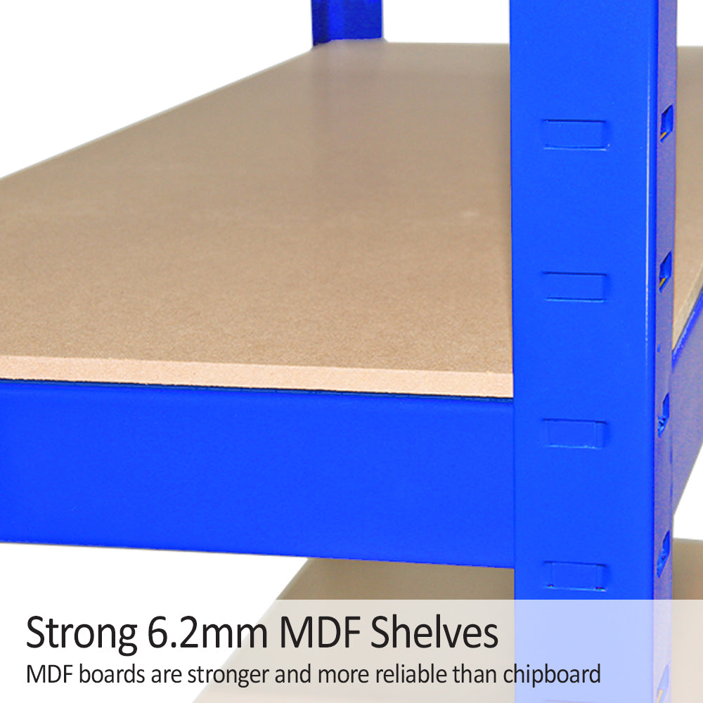 Scaffale T-Rax blu in acciaio senza bulloni, con ripiani in MDF da 6,2 mm, resistente e ideale per organizzare spazi di lavoro