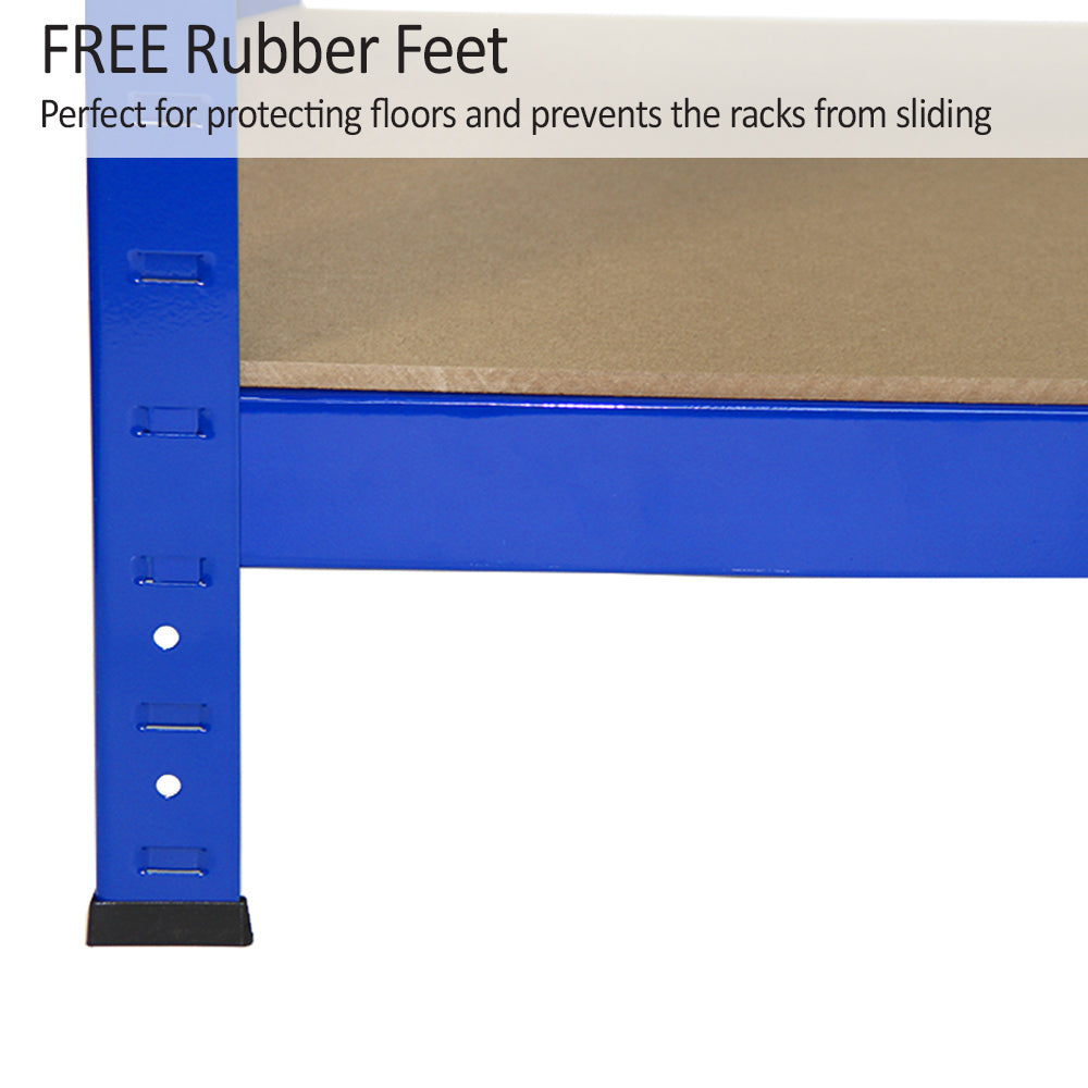 Scaffale T-Rax in acciaio blu senza bulloni, con piedi in gomma nera per stabilità e protezione dei pavimenti, design robusto e funzionale