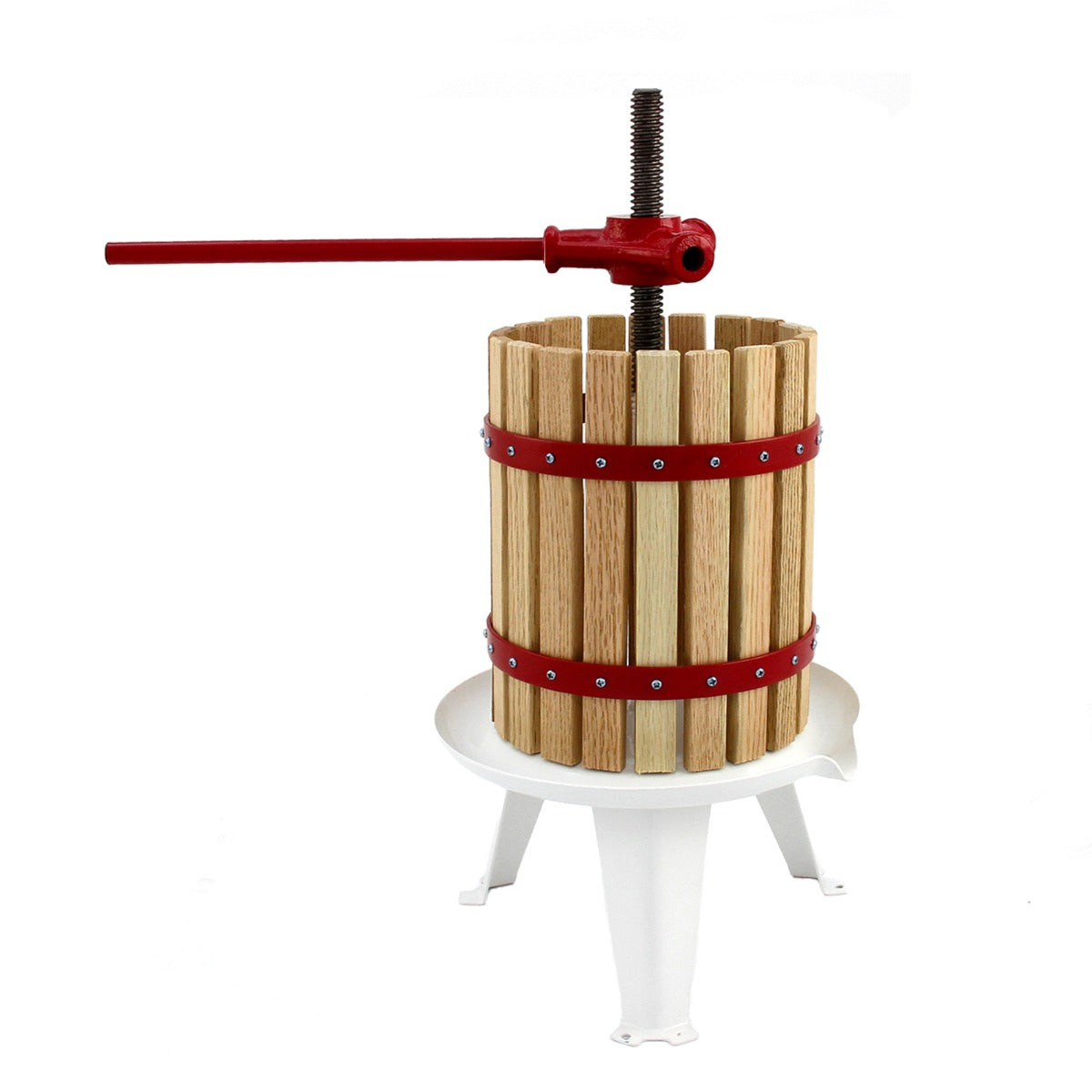 Torchio per frutta in legno con finiture rosse, cilindro verticale, manico lungo, ideale per fare succo, sidro e vino