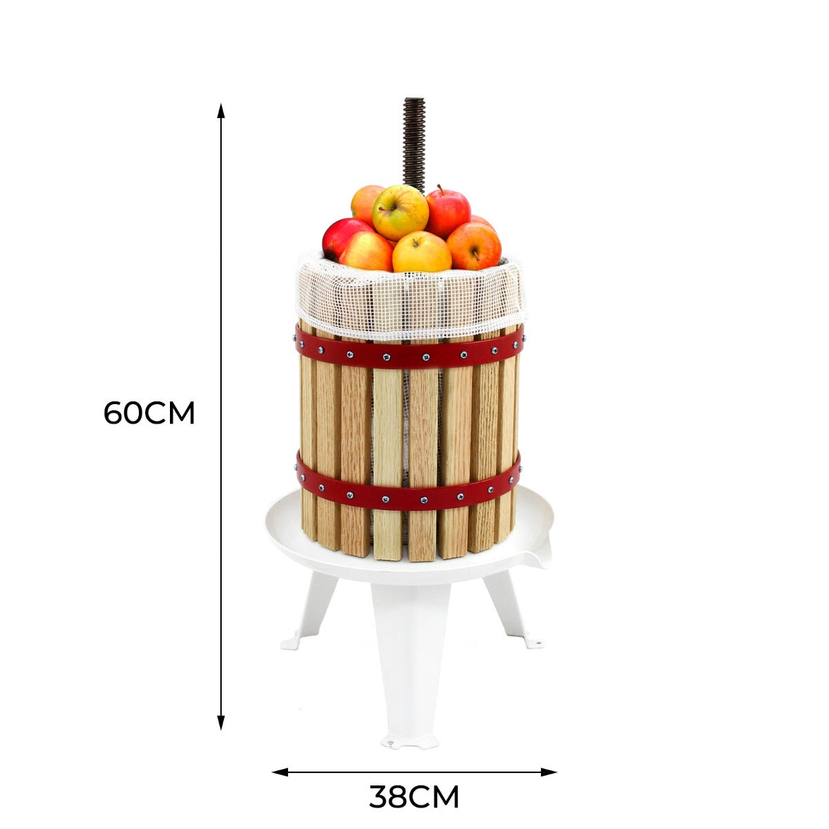 Torchio per frutta in legno con cestello bianco, pieno di mele colorate, altezza 60 cm, diametro 38 cm, ideale per succhi e sidri