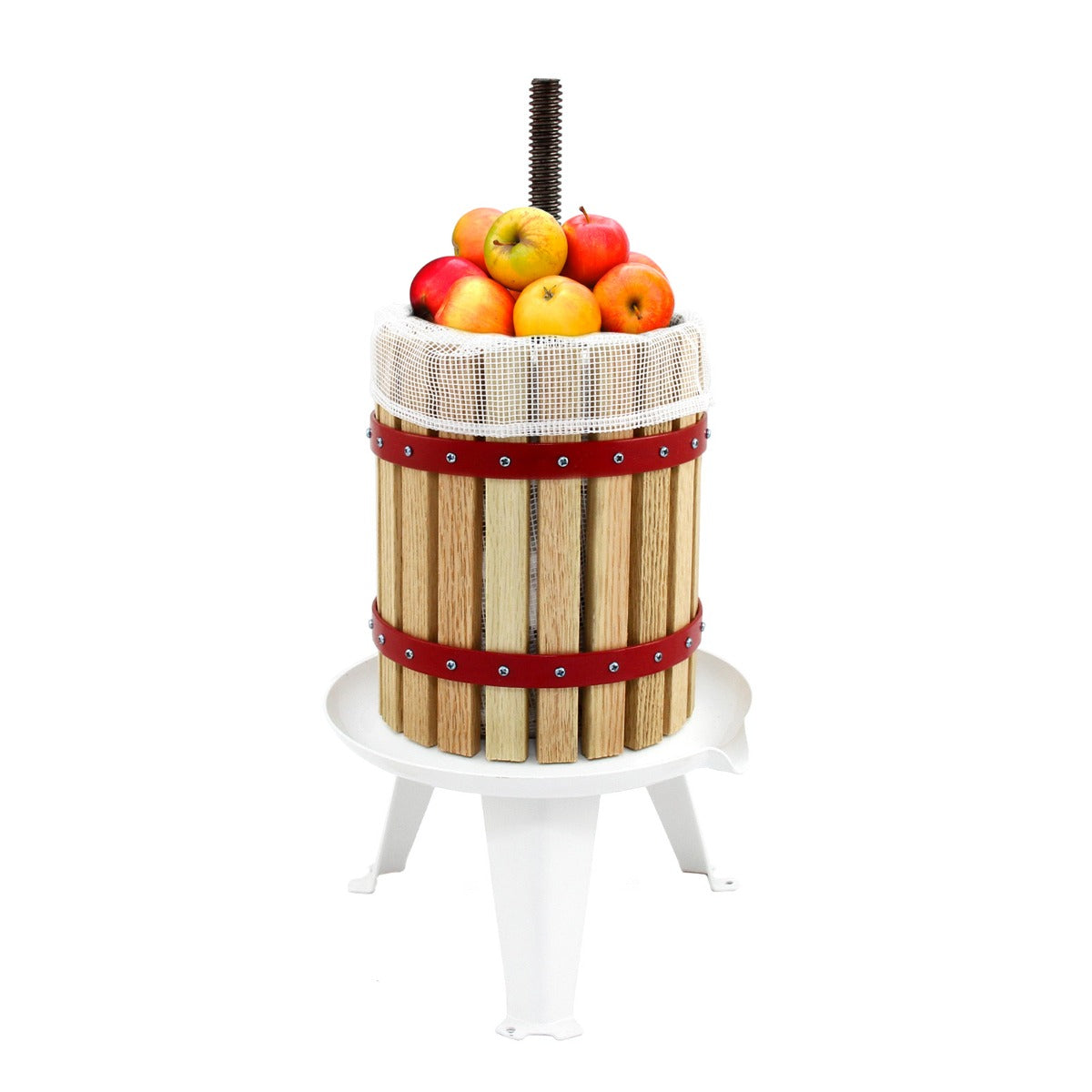 Torchio per frutta in legno con finitura rossa, contenente mele fresche, ideale per fare succo, sidro e vino da 12 litri