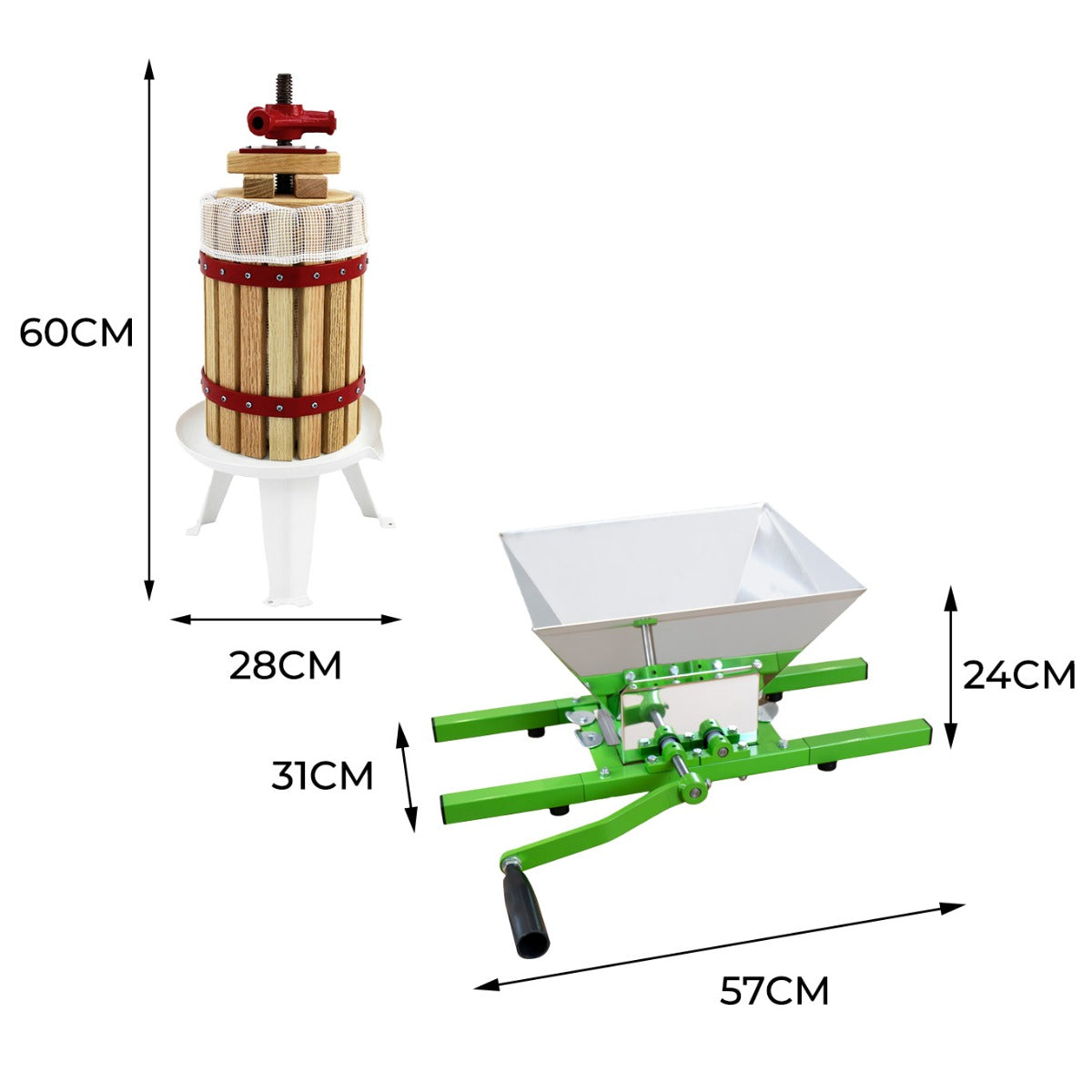 Torchio per frutta in legno con pressa rossa e trituratore verde in metallo, ideale per fare succo, sidro e vino, dimensioni indicate
