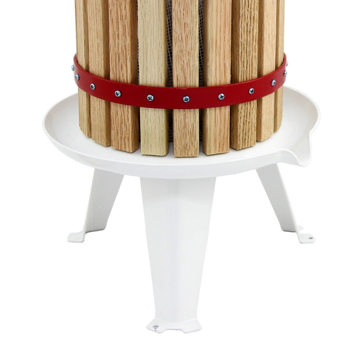 Torchio per frutta in legno con fascia rossa, base bianca e gambe robuste, ideale per estrarre succo, sidro e vino