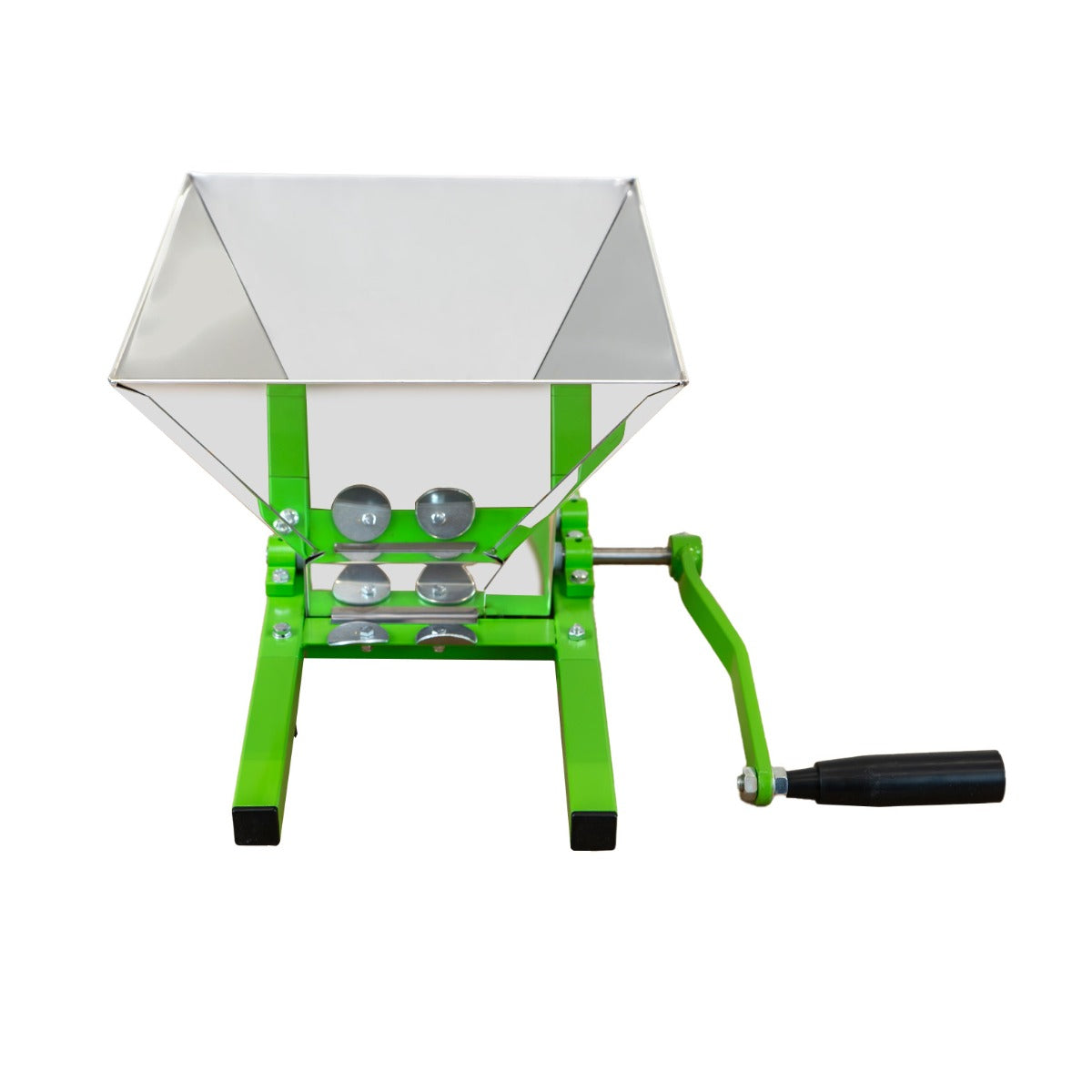Torchio per frutta in acciaio inox con struttura verde, contenitore a forma di cono, manovella per spremitura facile e efficiente