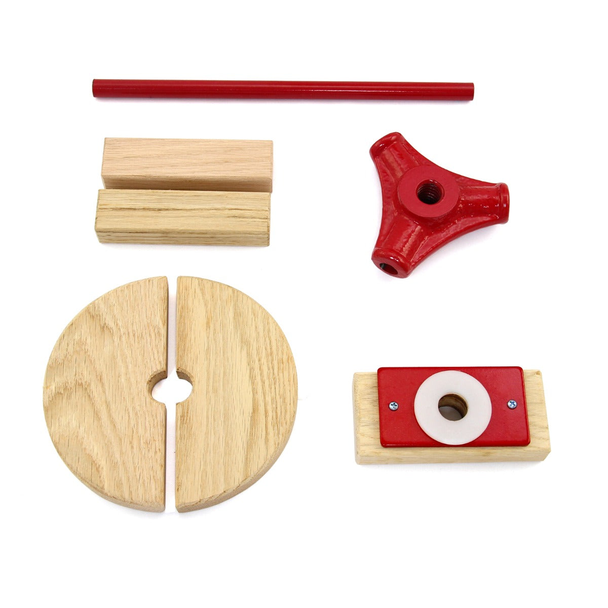 Componenti in legno chiaro e rosso per torchio e trituratore, inclusi pezzi circolari e barre, ideali per fare succo e sidro