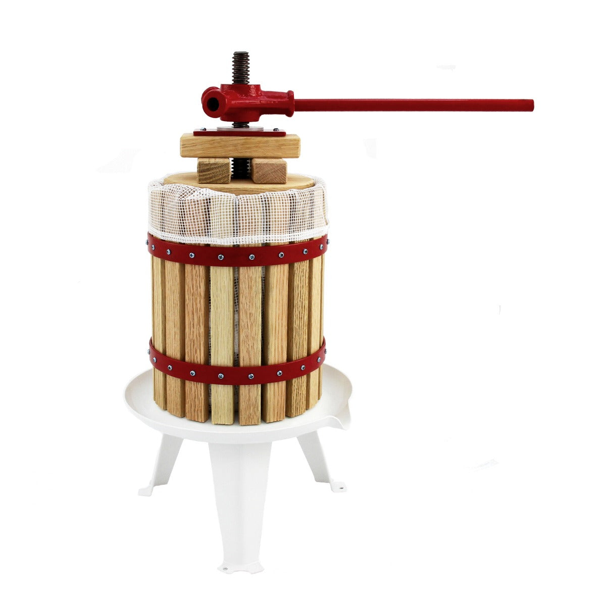 Torchio per frutta in legno con finiture rosse, cilindro di 12 litri, ideale per fare succo, sidro e vino, supporto bianco stabile