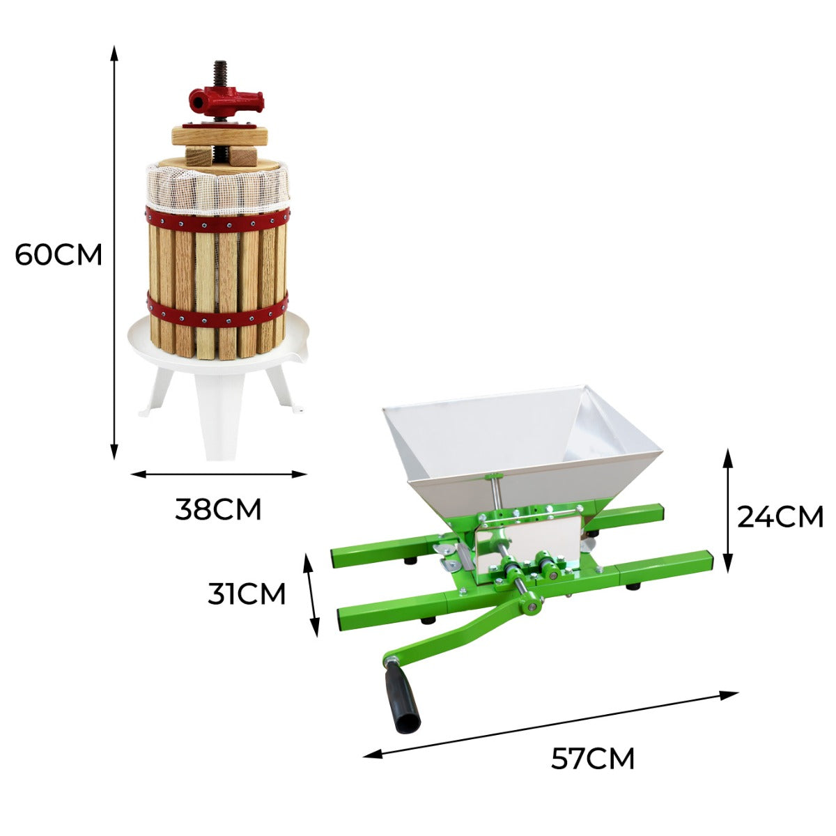 Torchio per frutta in legno con dettagli rossi e trituratore in metallo verde, ideale per fare succo, sidro e vino, dimensioni indicate