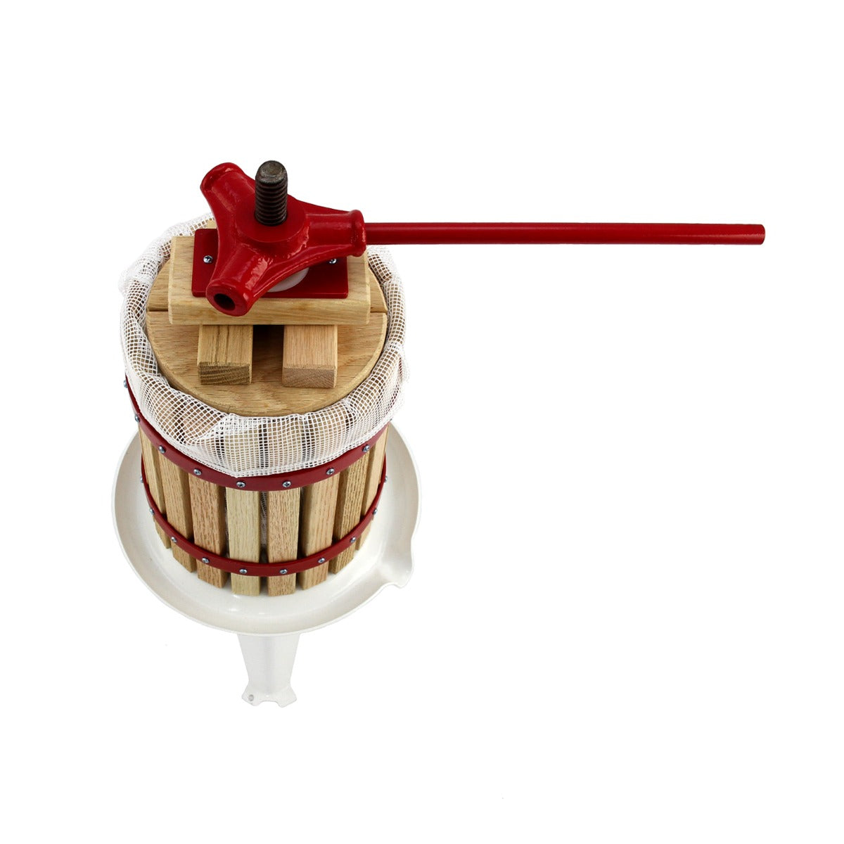 Torchio per frutta in legno con struttura rossa e manico lungo, progettato per estrarre succo da frutta e verdura, ideale per sidro e vino