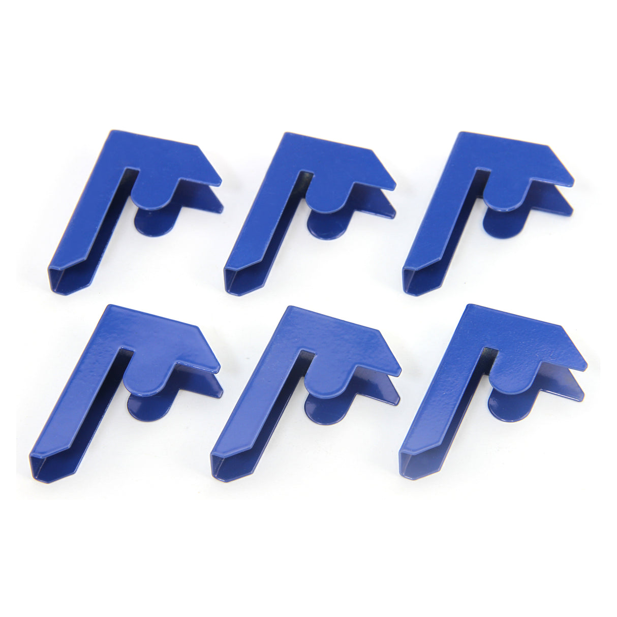 Set di 6 connettori blu in acciaio, a forma di L, con finitura liscia, progettati per collegare scaffali T-Rax in modo sicuro