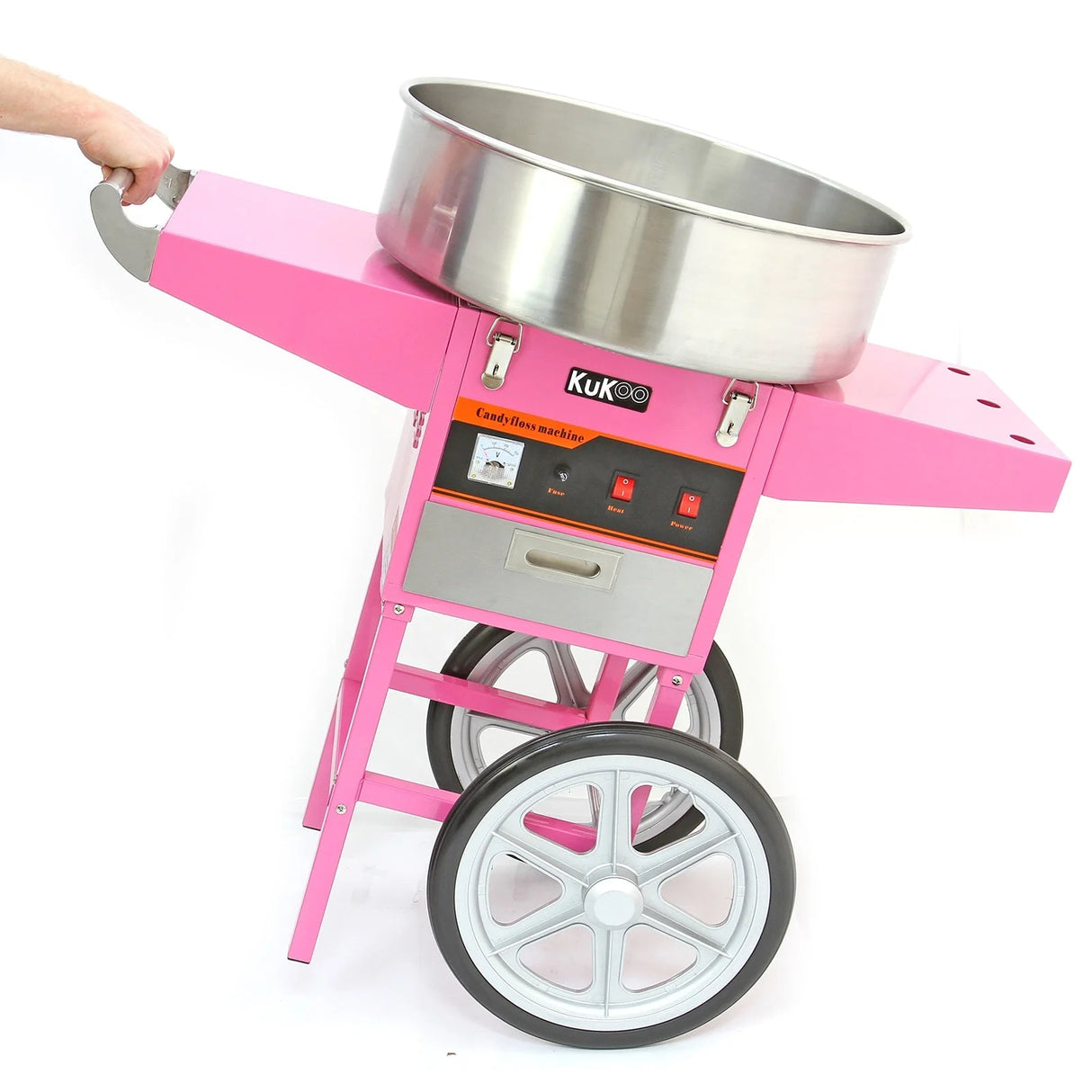 Macchina per zucchero filato retrò rosa con carrello, struttura in acciaio inox, grande ciotola metallica e ruote bianche robuste