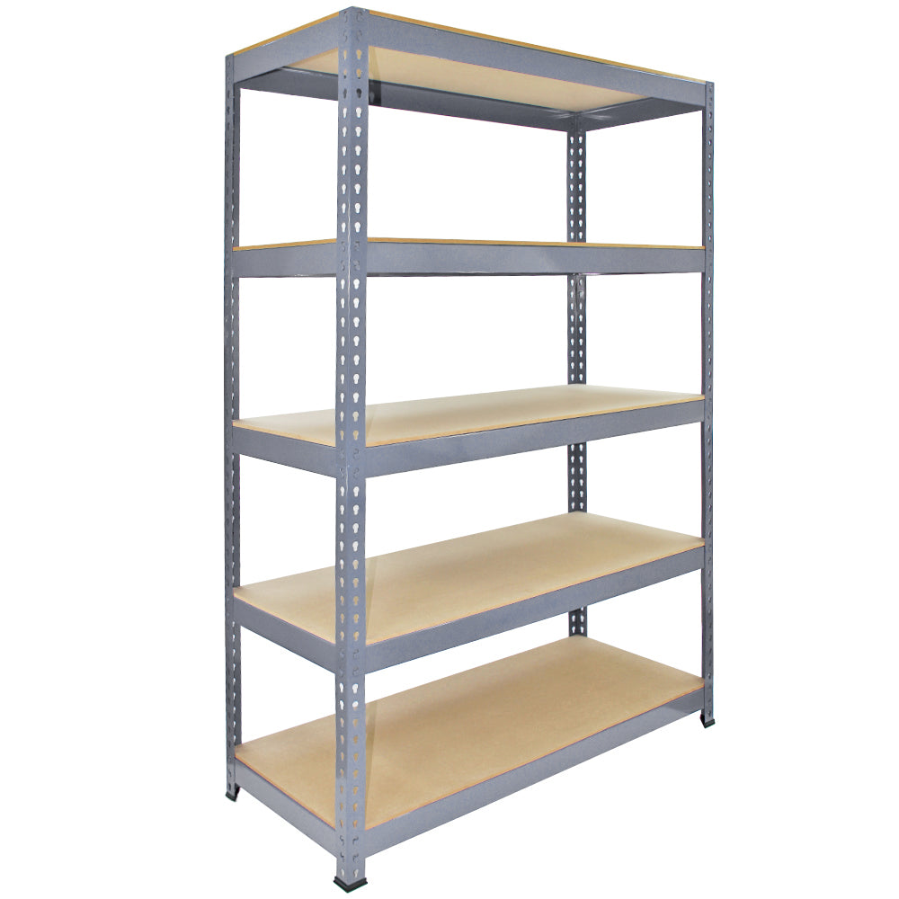 Scaffale da garage grigio in metallo con cinque ripiani in legno, misura 120cm x 50cm, ideale per organizzare spazi di lavoro e stoccaggio