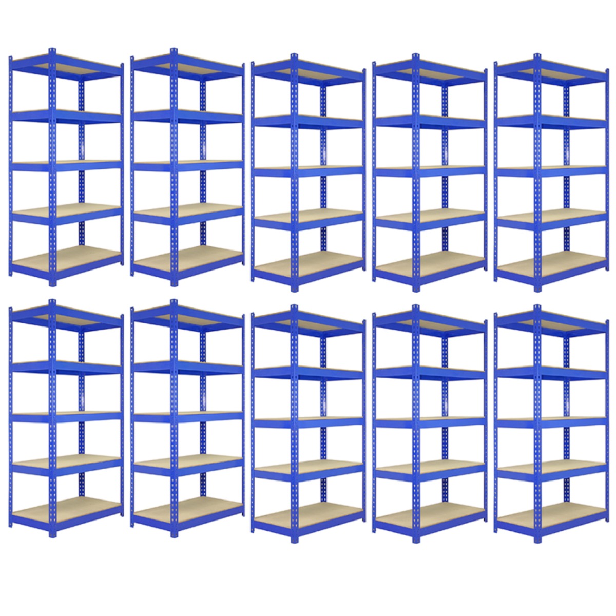 Scaffali da garage ad incastro T-Rax blu, 120cm x 45cm, 10 pezzi, con ripiani in legno chiaro e struttura metallica robusta e resistente