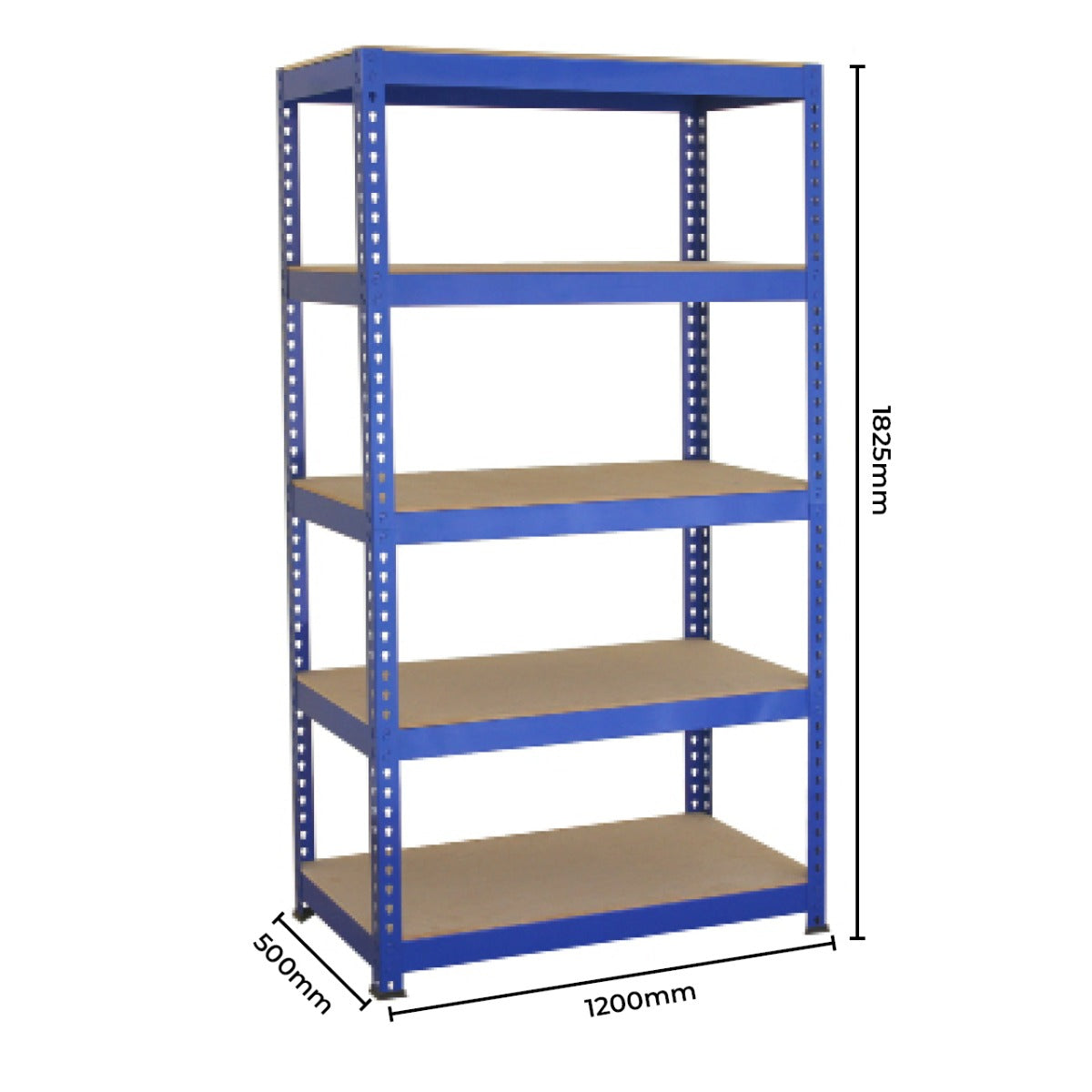 Scaffale da garage blu ad incastro T-Rax, dimensioni 120cm x 45cm, con cinque ripiani in legno, robusto e funzionale