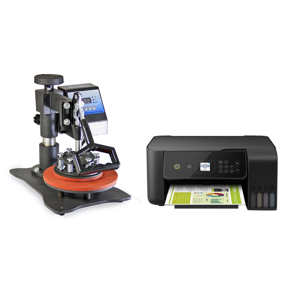 Pressa a caldo per piatti da 20 cm con base nera e piatto arancione, accanto a stampante multifunzione nera con display digitale