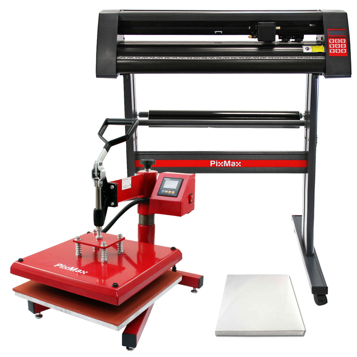 Pressa a caldo rossa con piano di lavoro bianco e plotter da taglio nero, ideale per sublimazione e vinile, design professionale e compatto
