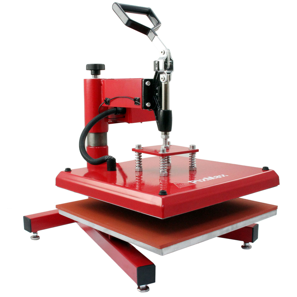 Pressa a caldo rossa con base stabile, piatto di 38 cm, manico ergonomico e viti di regolazione per sublimazione e vinile