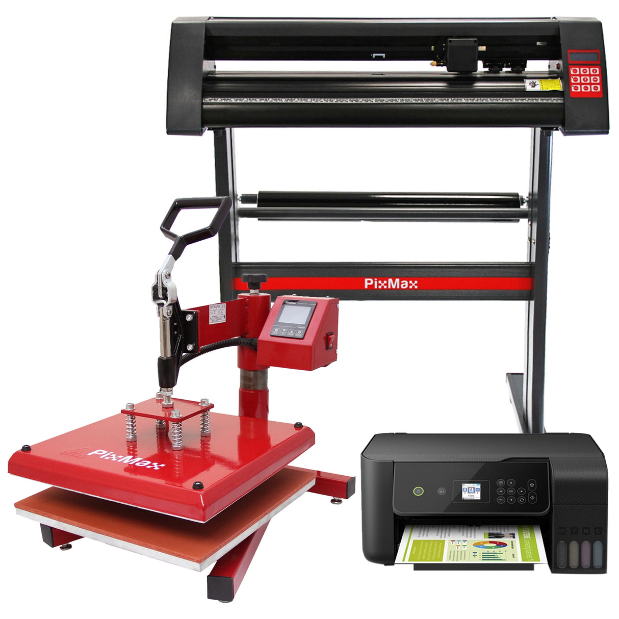 Pressa a caldo rossa e nera con display digitale, accanto a un plotter da taglio vinile e una stampante multifunzione, su sfondo bianco